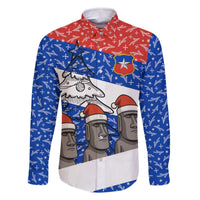 Chile Christmas Family Matching Off The Shoulder Long Sleeve Dress and Hawaiian Shirt with Moai Statues Santa Hats Snowflakes and Flag Colors Design - Wonder Print Shop