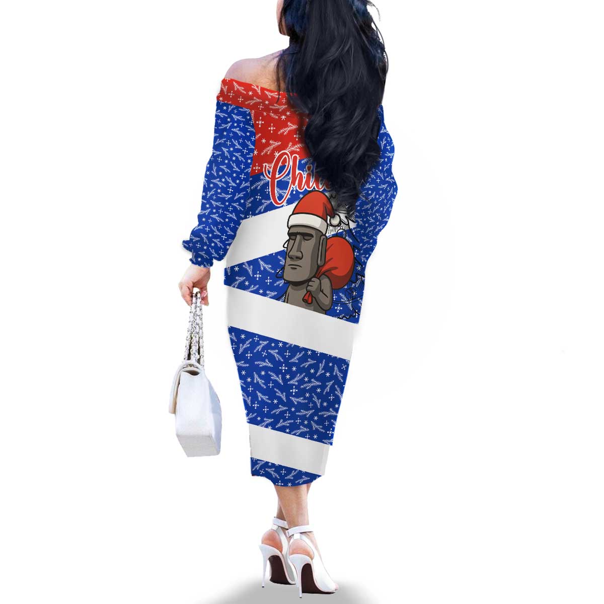 Chile Christmas Family Matching Off The Shoulder Long Sleeve Dress and Hawaiian Shirt with Moai Statues Santa Hats Snowflakes and Flag Colors Design - Wonder Print Shop