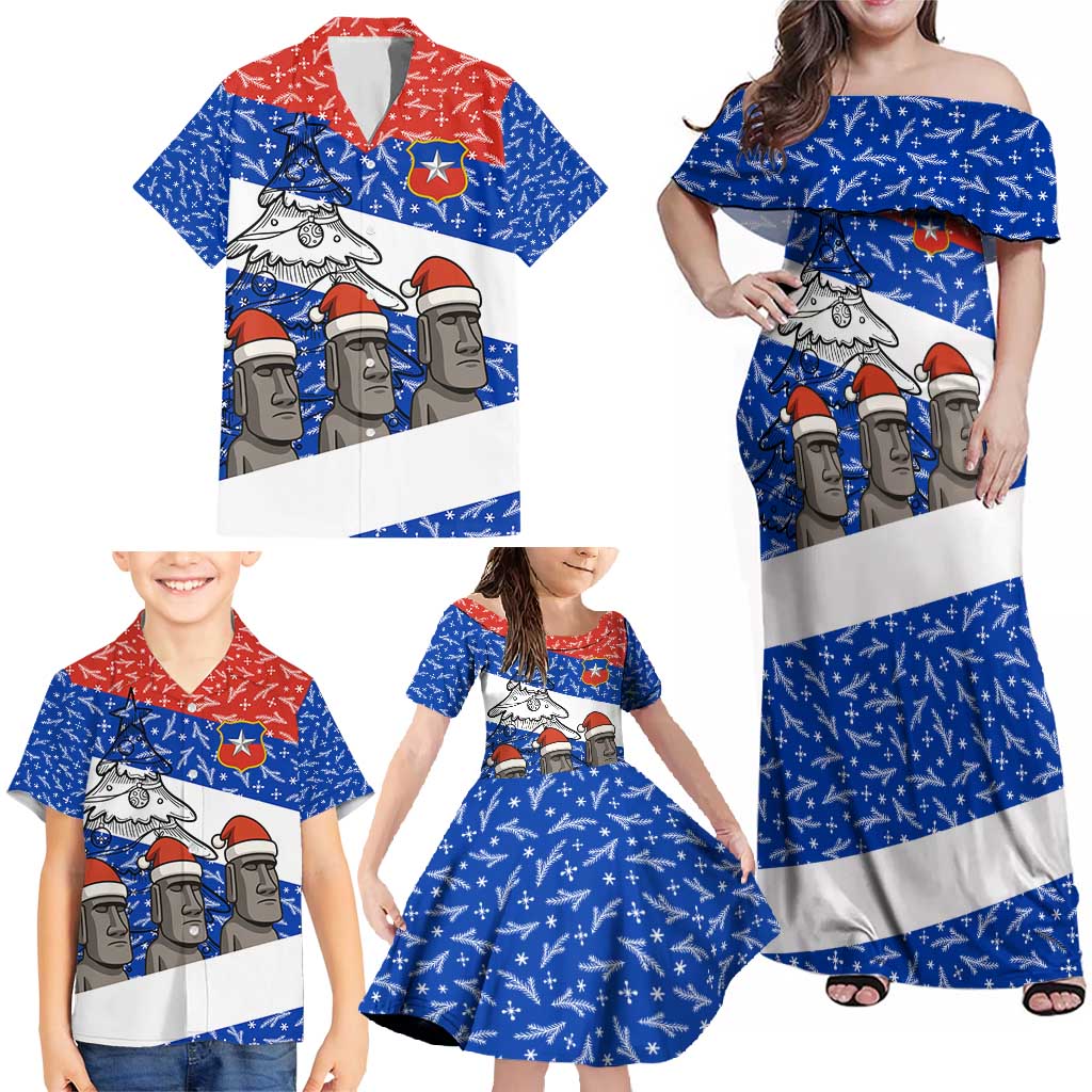Chile Christmas Family Matching Off Shoulder Maxi Dress and Hawaiian Shirt with Moai Statues Santa Hats Snowflakes and Flag Colors Design - Wonder Print Shop