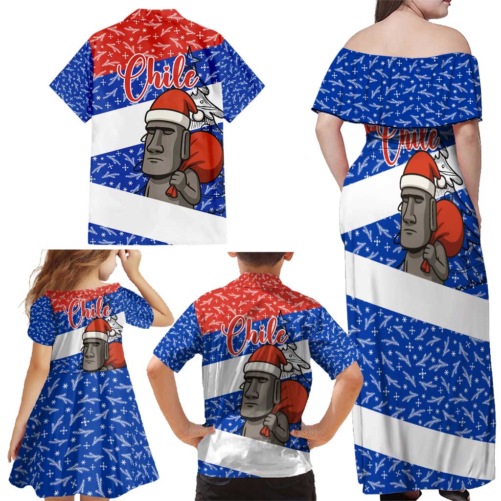 Chile Christmas Family Matching Off Shoulder Maxi Dress and Hawaiian Shirt with Moai Statues Santa Hats Snowflakes and Flag Colors Design - Wonder Print Shop
