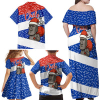 Chile Christmas Family Matching Off Shoulder Maxi Dress and Hawaiian Shirt with Moai Statues Santa Hats Snowflakes and Flag Colors Design - Wonder Print Shop