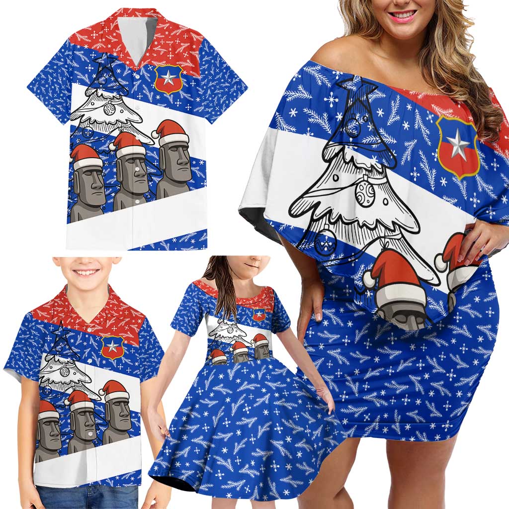 Chile Christmas Family Matching Off Shoulder Short Dress and Hawaiian Shirt with Moai Statues Santa Hats Snowflakes and Flag Colors Design - Wonder Print Shop