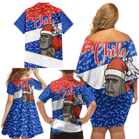 Chile Christmas Family Matching Off Shoulder Short Dress and Hawaiian Shirt with Moai Statues Santa Hats Snowflakes and Flag Colors Design - Wonder Print Shop