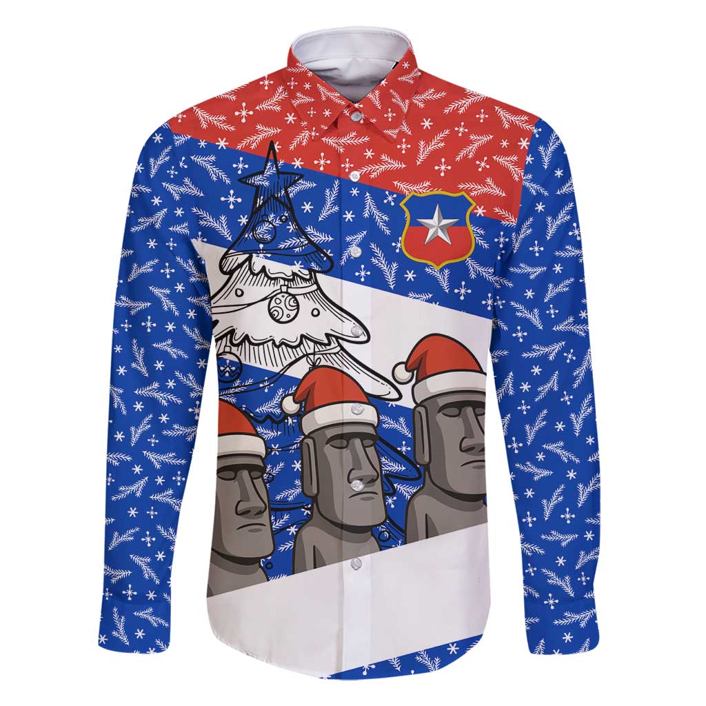 Chile Christmas Family Matching Off Shoulder Short Dress and Hawaiian Shirt with Moai Statues Santa Hats Snowflakes and Flag Colors Design - Wonder Print Shop