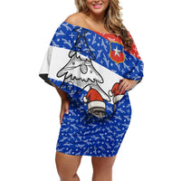 Chile Christmas Family Matching Off Shoulder Short Dress and Hawaiian Shirt with Moai Statues Santa Hats Snowflakes and Flag Colors Design - Wonder Print Shop