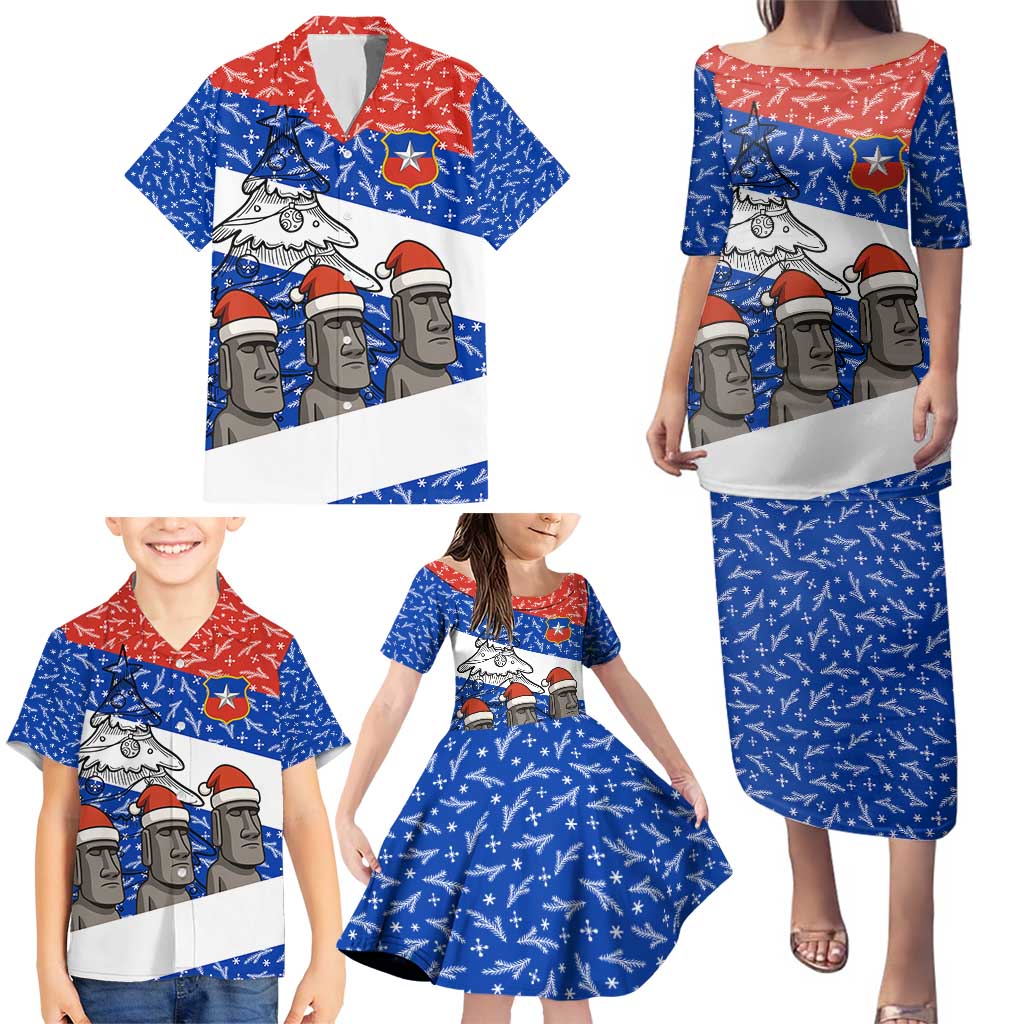 Chile Christmas Family Matching Puletasi and Hawaiian Shirt with Moai Statues Santa Hats Snowflakes and Flag Colors Design - Wonder Print Shop