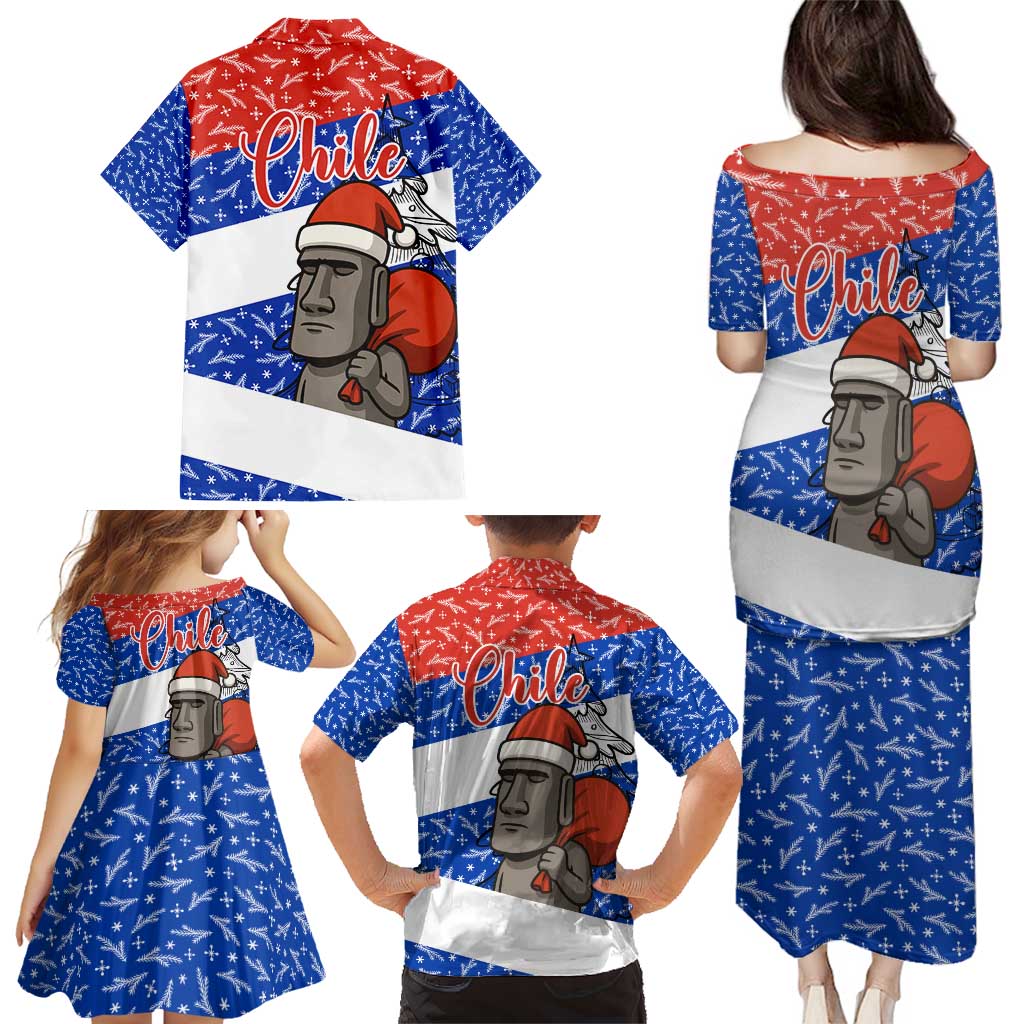 Chile Christmas Family Matching Puletasi and Hawaiian Shirt with Moai Statues Santa Hats Snowflakes and Flag Colors Design - Wonder Print Shop