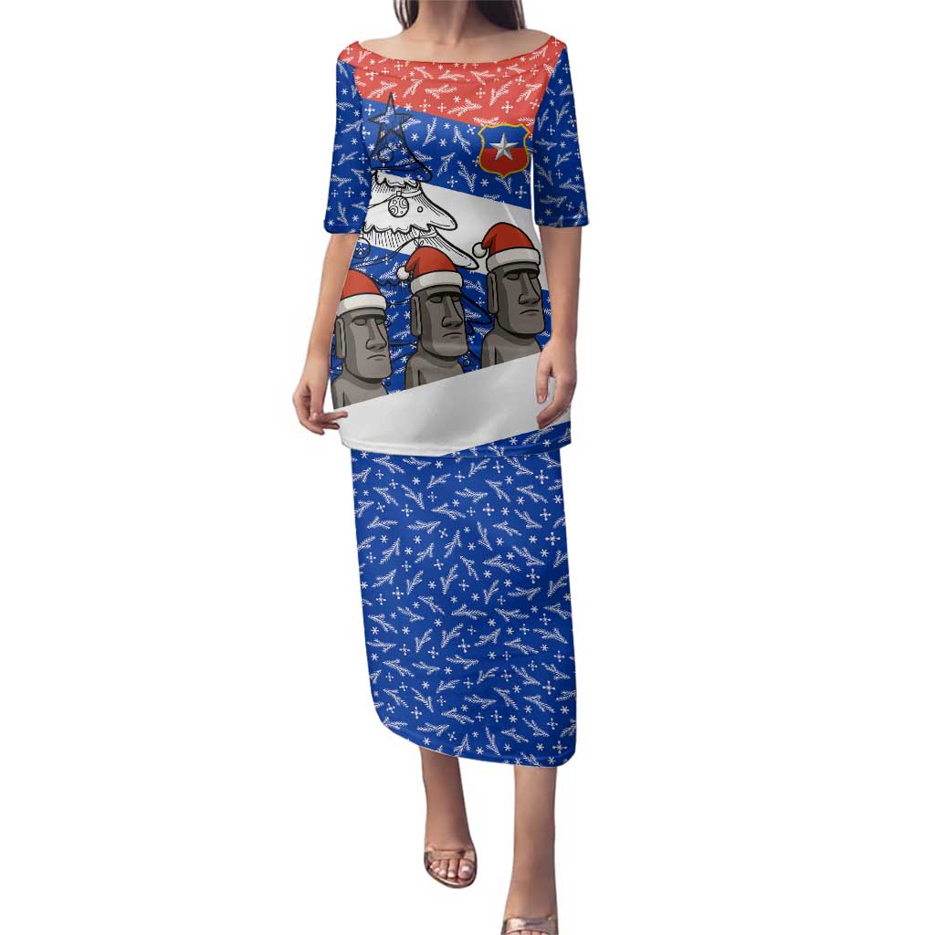 Chile Christmas Family Matching Puletasi and Hawaiian Shirt with Moai Statues Santa Hats Snowflakes and Flag Colors Design - Wonder Print Shop