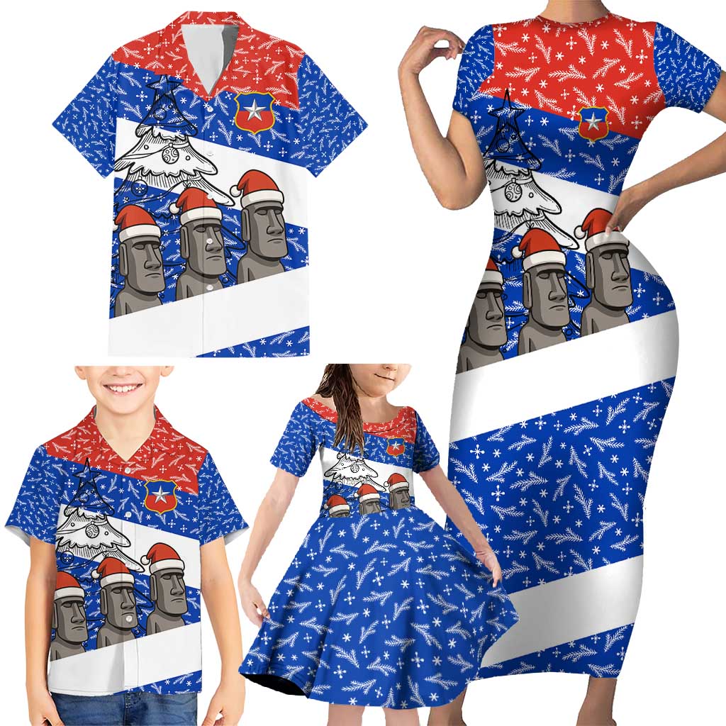 Chile Christmas Family Matching Short Sleeve Bodycon Dress and Hawaiian Shirt with Moai Statues Santa Hats Snowflakes and Flag Colors Design - Wonder Print Shop