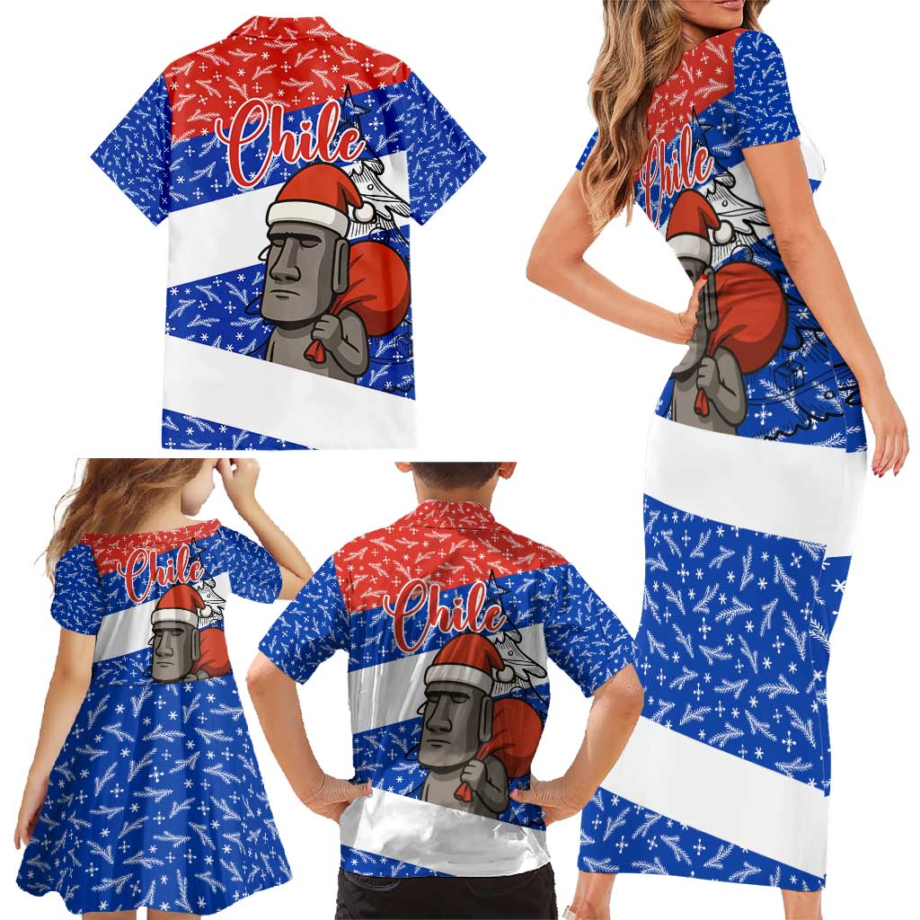 Chile Christmas Family Matching Short Sleeve Bodycon Dress and Hawaiian Shirt with Moai Statues Santa Hats Snowflakes and Flag Colors Design - Wonder Print Shop