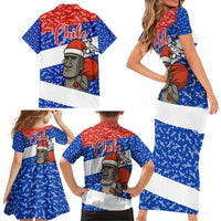 Chile Christmas Family Matching Short Sleeve Bodycon Dress and Hawaiian Shirt with Moai Statues Santa Hats Snowflakes and Flag Colors Design - Wonder Print Shop
