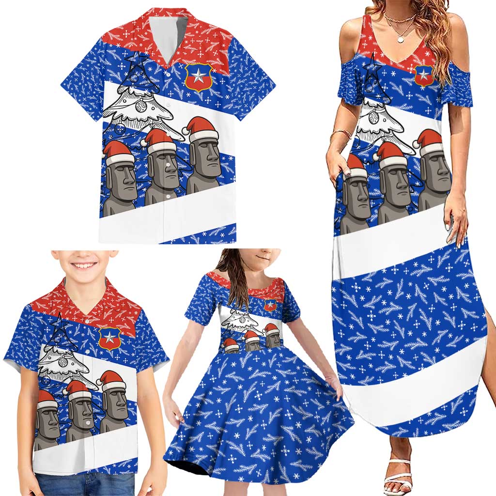 Chile Christmas Family Matching Summer Maxi Dress and Hawaiian Shirt with Moai Statues Santa Hats Snowflakes and Flag Colors Design - Wonder Print Shop