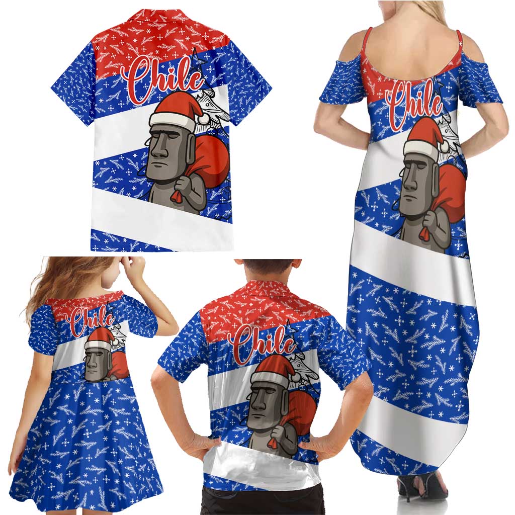 Chile Christmas Family Matching Summer Maxi Dress and Hawaiian Shirt with Moai Statues Santa Hats Snowflakes and Flag Colors Design - Wonder Print Shop