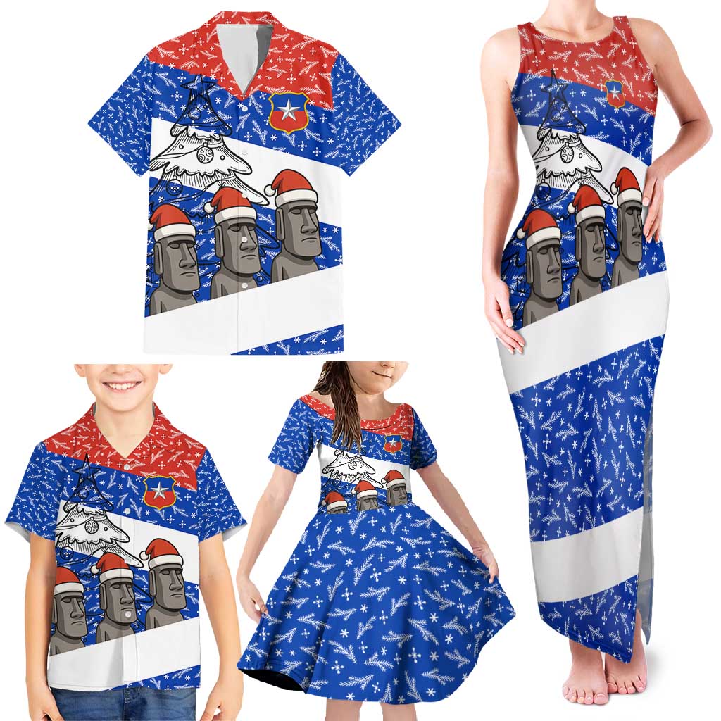 Chile Christmas Family Matching Tank Maxi Dress and Hawaiian Shirt with Moai Statues Santa Hats Snowflakes and Flag Colors Design - Wonder Print Shop