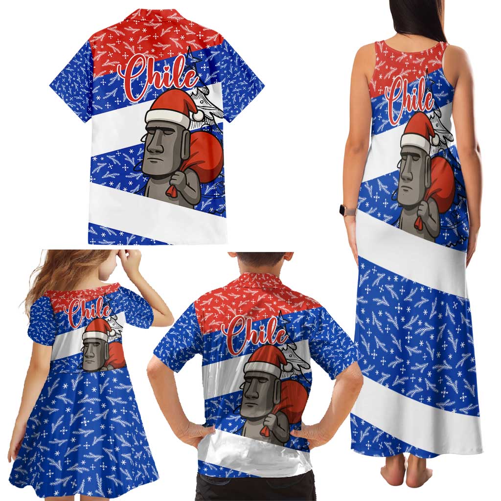 Chile Christmas Family Matching Tank Maxi Dress and Hawaiian Shirt with Moai Statues Santa Hats Snowflakes and Flag Colors Design - Wonder Print Shop