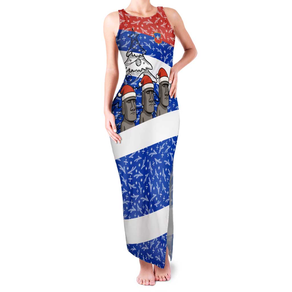 Chile Christmas Family Matching Tank Maxi Dress and Hawaiian Shirt with Moai Statues Santa Hats Snowflakes and Flag Colors Design - Wonder Print Shop