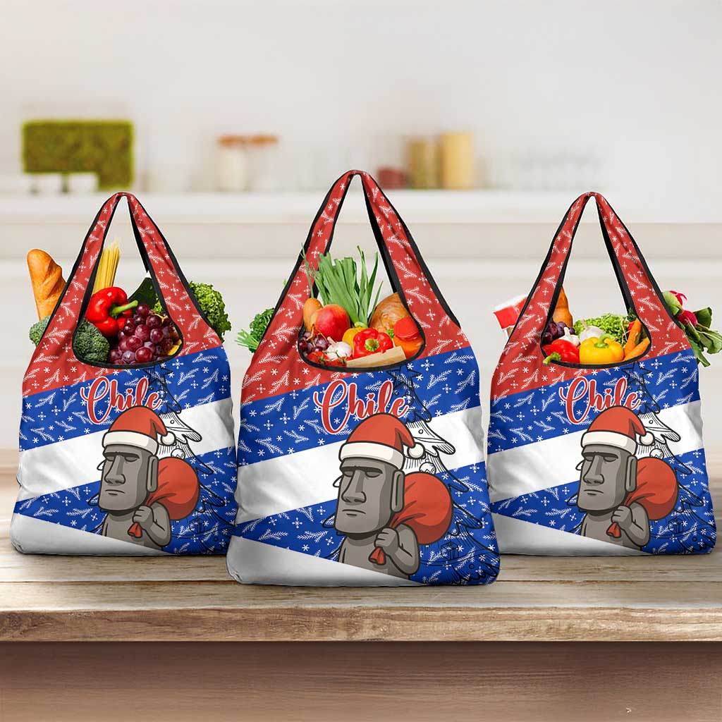 Chile Christmas Grocery Bag with Moai Statues Santa Hats Snowflakes and Flag Colors Design - Wonder Print Shop
