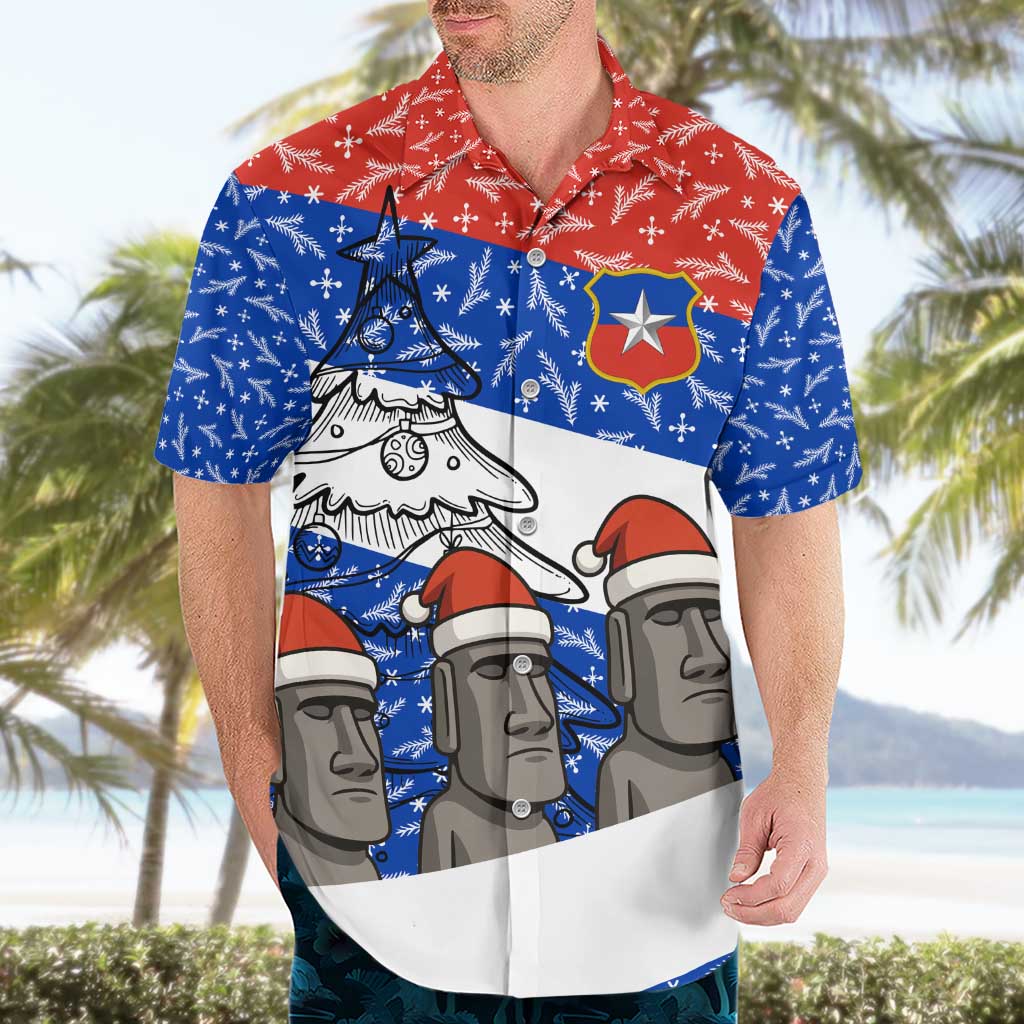Chile Christmas Hawaiian Shirt with Moai Statues Santa Hats Snowflakes and Flag Colors Design - Wonder Print Shop
