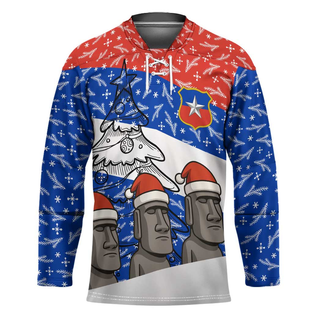 Chile Christmas Hockey Jersey with Moai Statues Santa Hats Snowflakes and Flag Colors Design - Wonder Print Shop