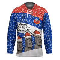 Chile Christmas Hockey Jersey with Moai Statues Santa Hats Snowflakes and Flag Colors Design - Wonder Print Shop