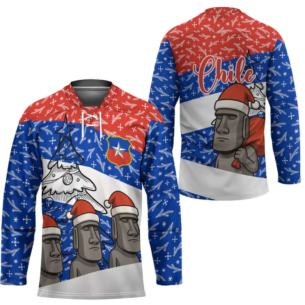 Chile Christmas Hockey Jersey with Moai Statues Santa Hats Snowflakes and Flag Colors Design - Wonder Print Shop