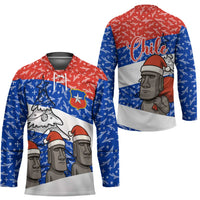 Chile Christmas Hockey Jersey with Moai Statues Santa Hats Snowflakes and Flag Colors Design - Wonder Print Shop