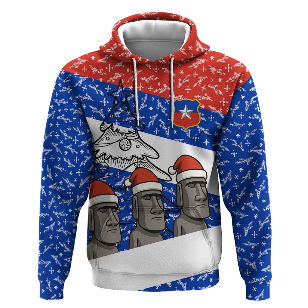 Chile Christmas Hoodie with Moai Statues Santa Hats Snowflakes and Flag Colors Design - Wonder Print Shop