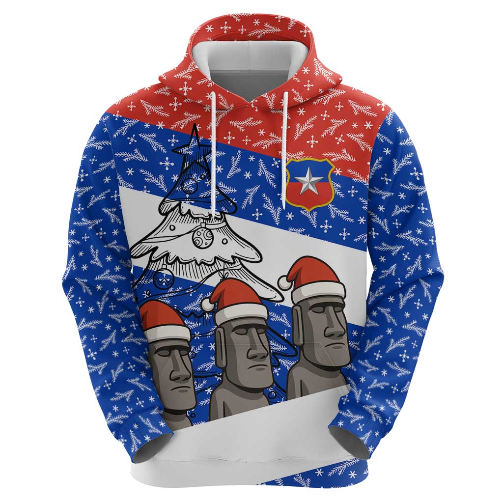 Chile Christmas Hoodie with Moai Statues Santa Hats Snowflakes and Flag Colors Design - Wonder Print Shop