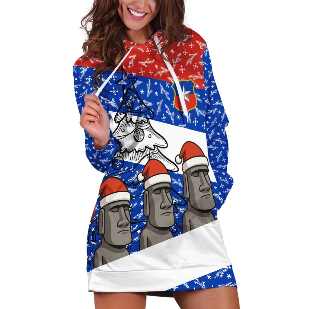 Chile Christmas Hoodie Dress with Moai Statues Santa Hats Snowflakes and Flag Colors Design - Wonder Print Shop