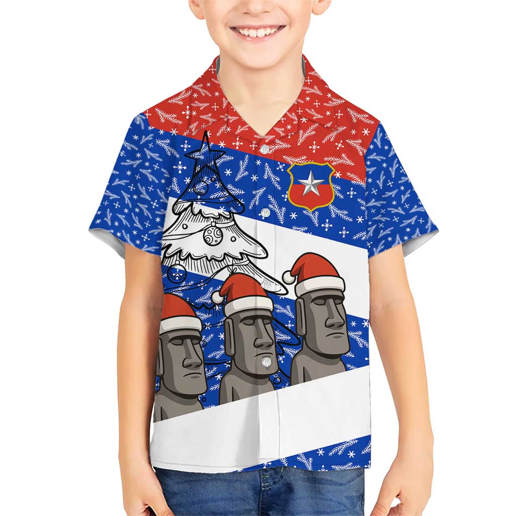 Chile Christmas Kid Hawaiian Shirt with Moai Statues Santa Hats Snowflakes and Flag Colors Design - Wonder Print Shop