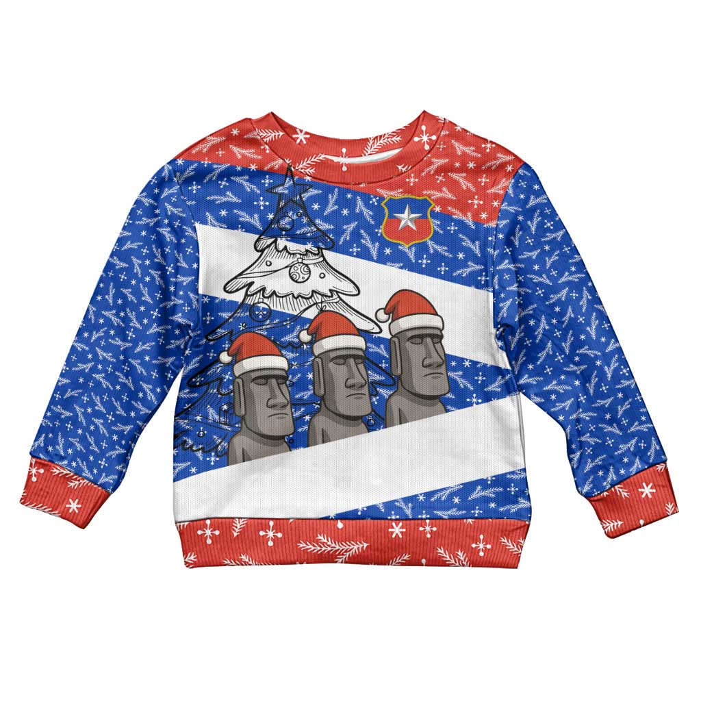 Chile Christmas Kid Ugly Christmas Sweater with Moai Statues Santa Hats Snowflakes and Flag Colors Design - Wonder Print Shop