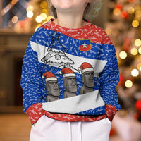 Chile Christmas Kid Ugly Christmas Sweater with Moai Statues Santa Hats Snowflakes and Flag Colors Design - Wonder Print Shop
