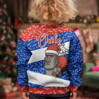 Chile Christmas Kid Ugly Christmas Sweater with Moai Statues Santa Hats Snowflakes and Flag Colors Design - Wonder Print Shop