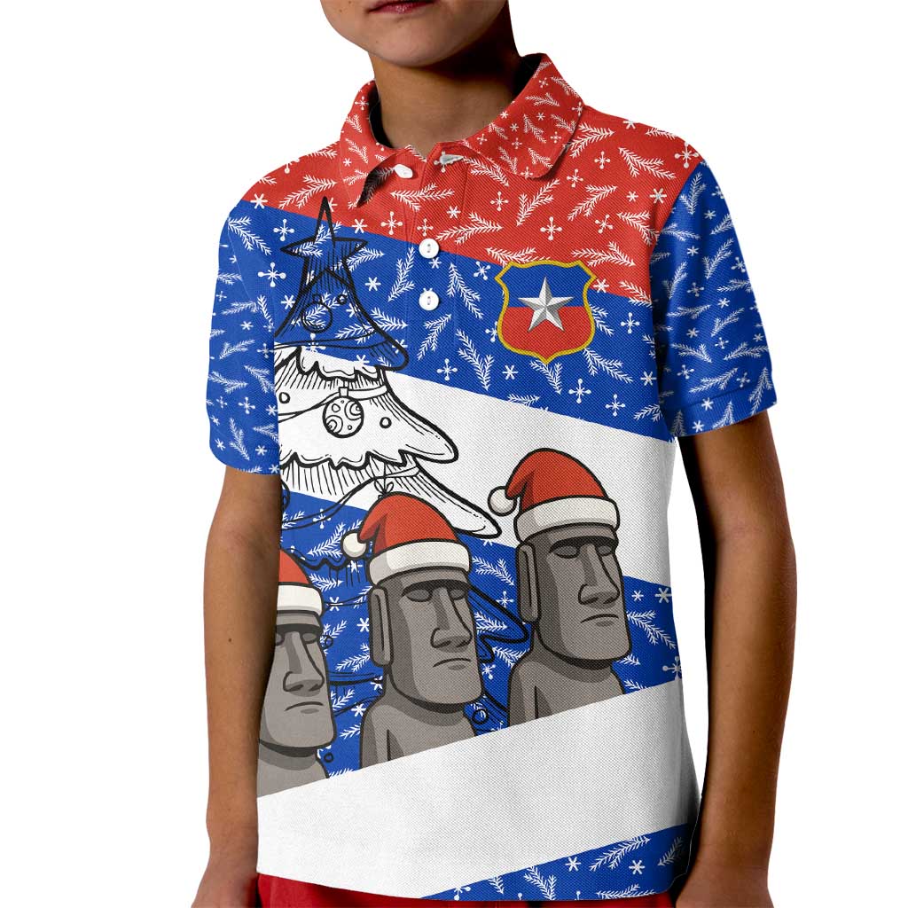 Chile Christmas Kid Polo Shirt with Moai Statues Santa Hats Snowflakes and Flag Colors Design - Wonder Print Shop