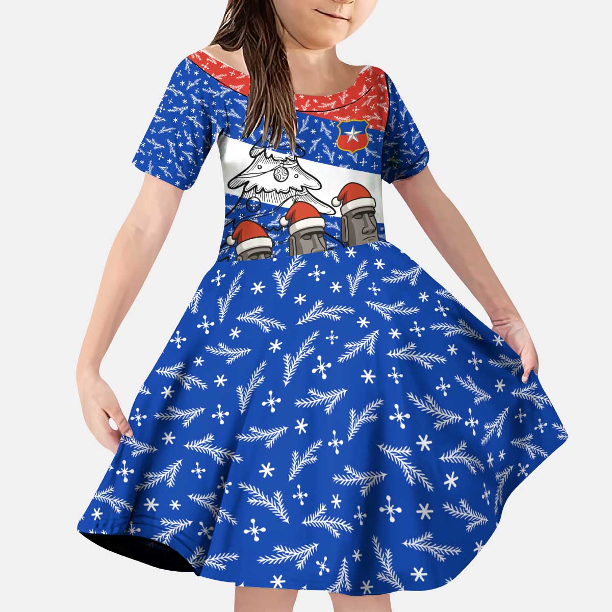 Chile Christmas Kid Short Sleeve Dress with Moai Statues Santa Hats Snowflakes and Flag Colors Design - Wonder Print Shop