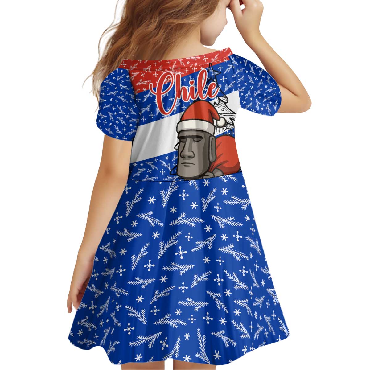 Chile Christmas Kid Short Sleeve Dress with Moai Statues Santa Hats Snowflakes and Flag Colors Design - Wonder Print Shop
