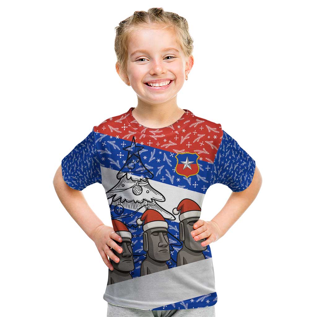 Chile Christmas Kid T Shirt with Moai Statues Santa Hats Snowflakes and Flag Colors Design - Wonder Print Shop