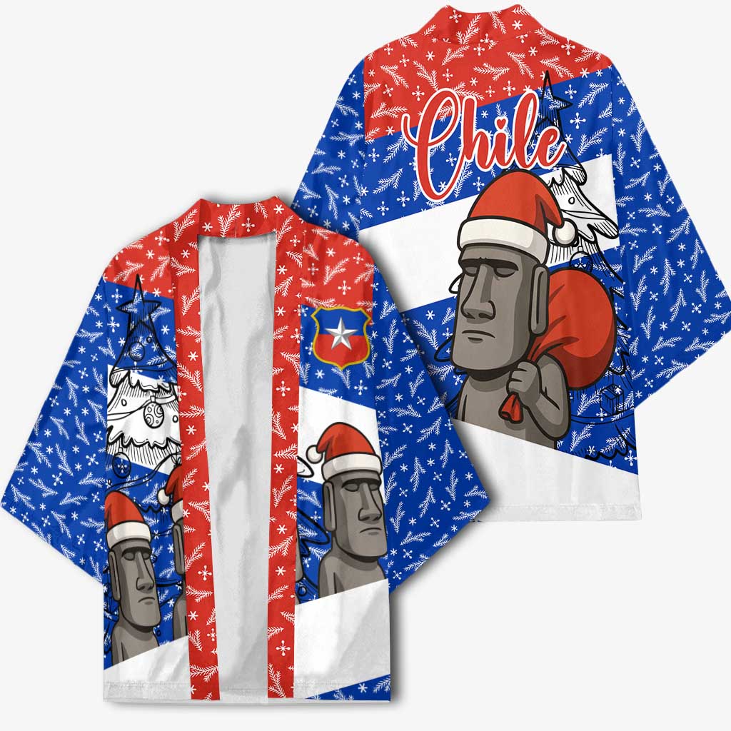 Chile Christmas Kimono with Moai Statues Santa Hats Snowflakes and Flag Colors Design - Wonder Print Shop
