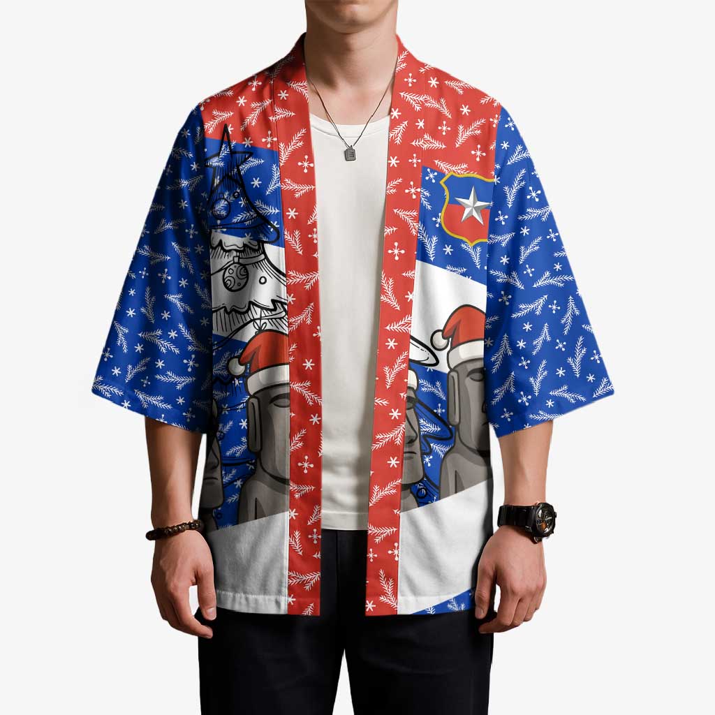 Chile Christmas Kimono with Moai Statues Santa Hats Snowflakes and Flag Colors Design - Wonder Print Shop