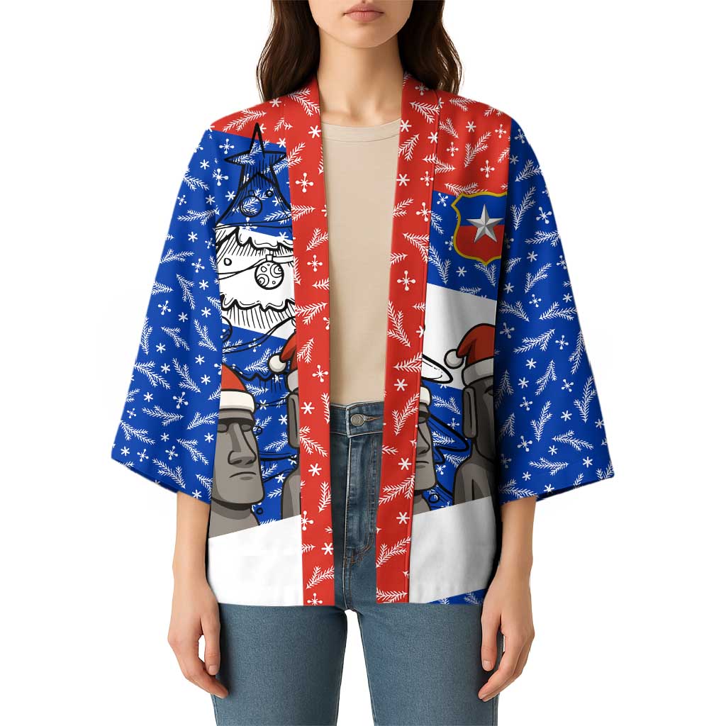 Chile Christmas Kimono with Moai Statues Santa Hats Snowflakes and Flag Colors Design - Wonder Print Shop