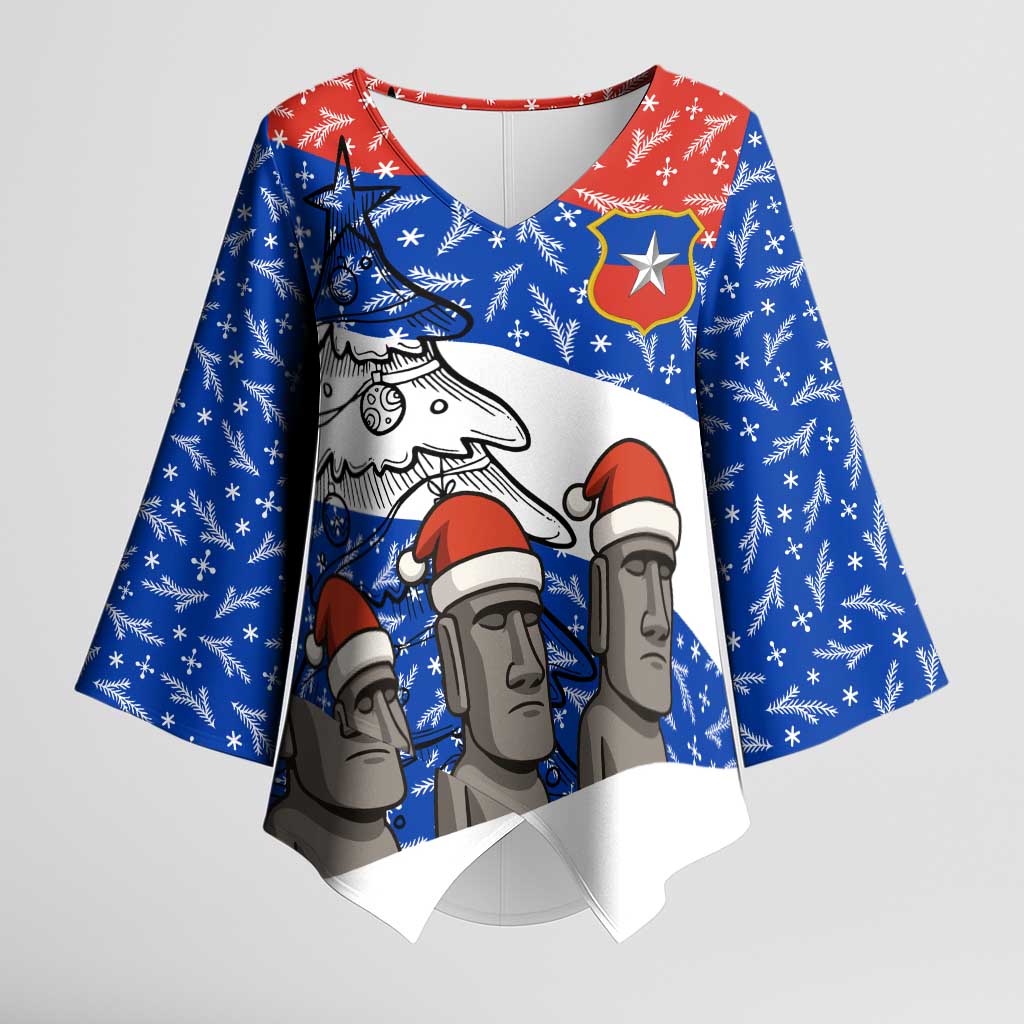 Chile Christmas Kimono Sleeve Blouse with Moai Statues Santa Hats Snowflakes and Flag Colors Design - Wonder Print Shop