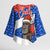 Chile Christmas Kimono Sleeve Blouse with Moai Statues Santa Hats Snowflakes and Flag Colors Design - Wonder Print Shop