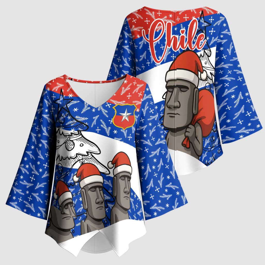 Chile Christmas Kimono Sleeve Blouse with Moai Statues Santa Hats Snowflakes and Flag Colors Design - Wonder Print Shop