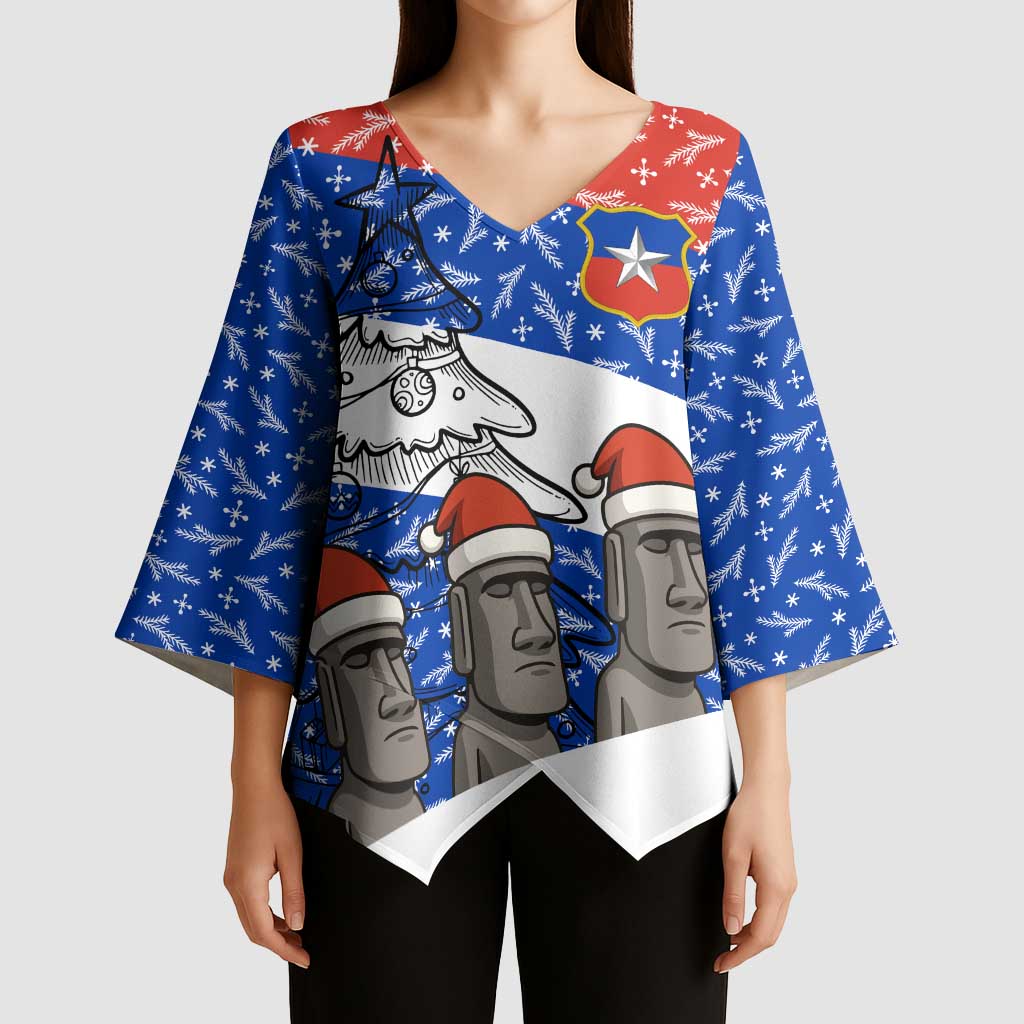 Chile Christmas Kimono Sleeve Blouse with Moai Statues Santa Hats Snowflakes and Flag Colors Design - Wonder Print Shop
