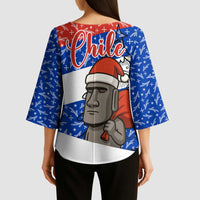 Chile Christmas Kimono Sleeve Blouse with Moai Statues Santa Hats Snowflakes and Flag Colors Design - Wonder Print Shop