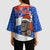 Chile Christmas Kimono Sleeve Blouse with Moai Statues Santa Hats Snowflakes and Flag Colors Design - Wonder Print Shop