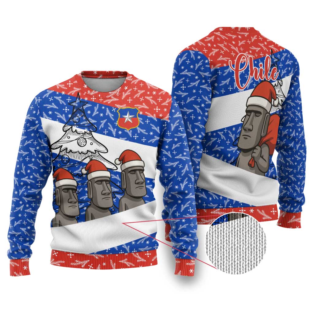 Chile Christmas Ugly Christmas Sweater with Moai Statues Santa Hats Snowflakes and Flag Colors Design - Wonder Print Shop