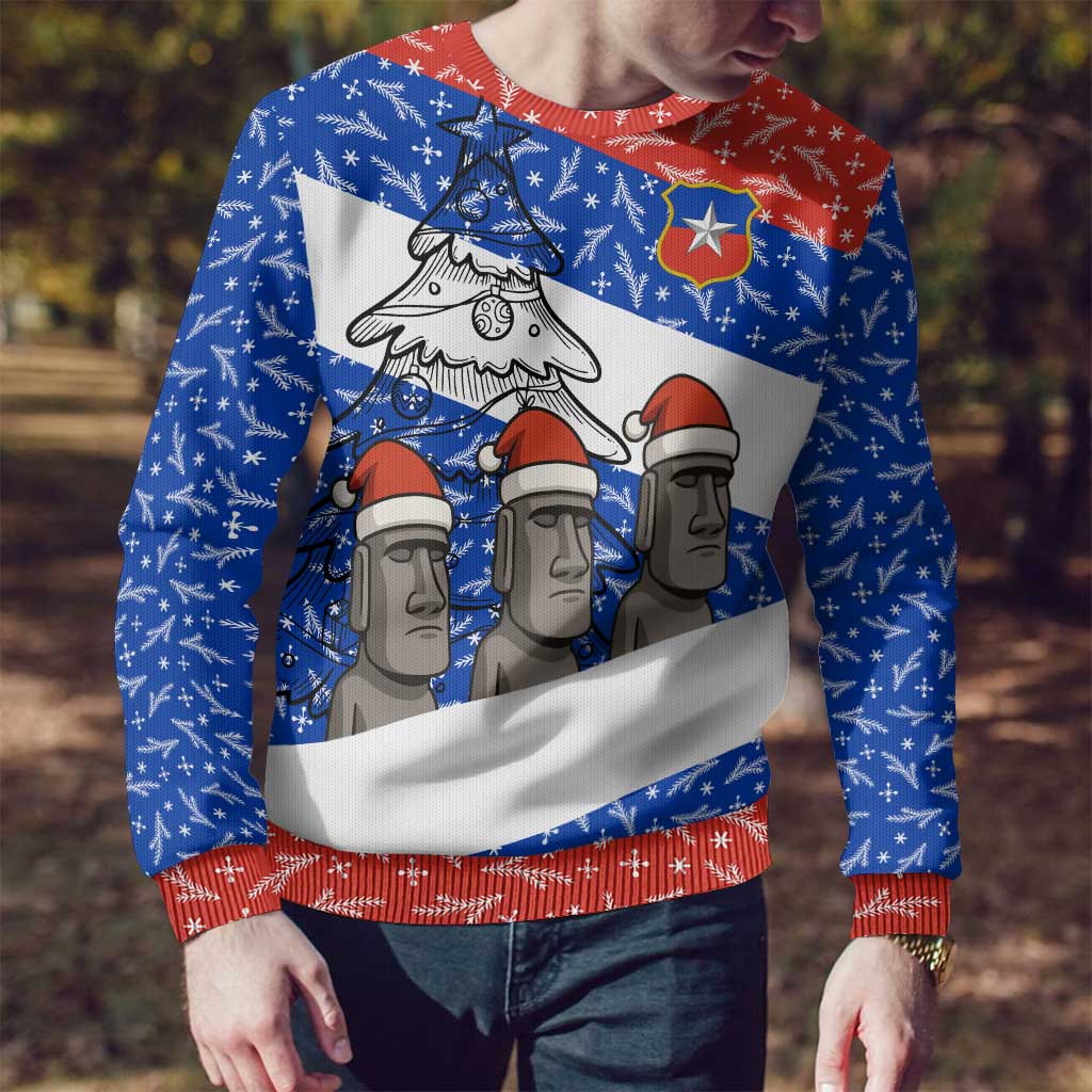 Chile Christmas Ugly Christmas Sweater with Moai Statues Santa Hats Snowflakes and Flag Colors Design - Wonder Print Shop