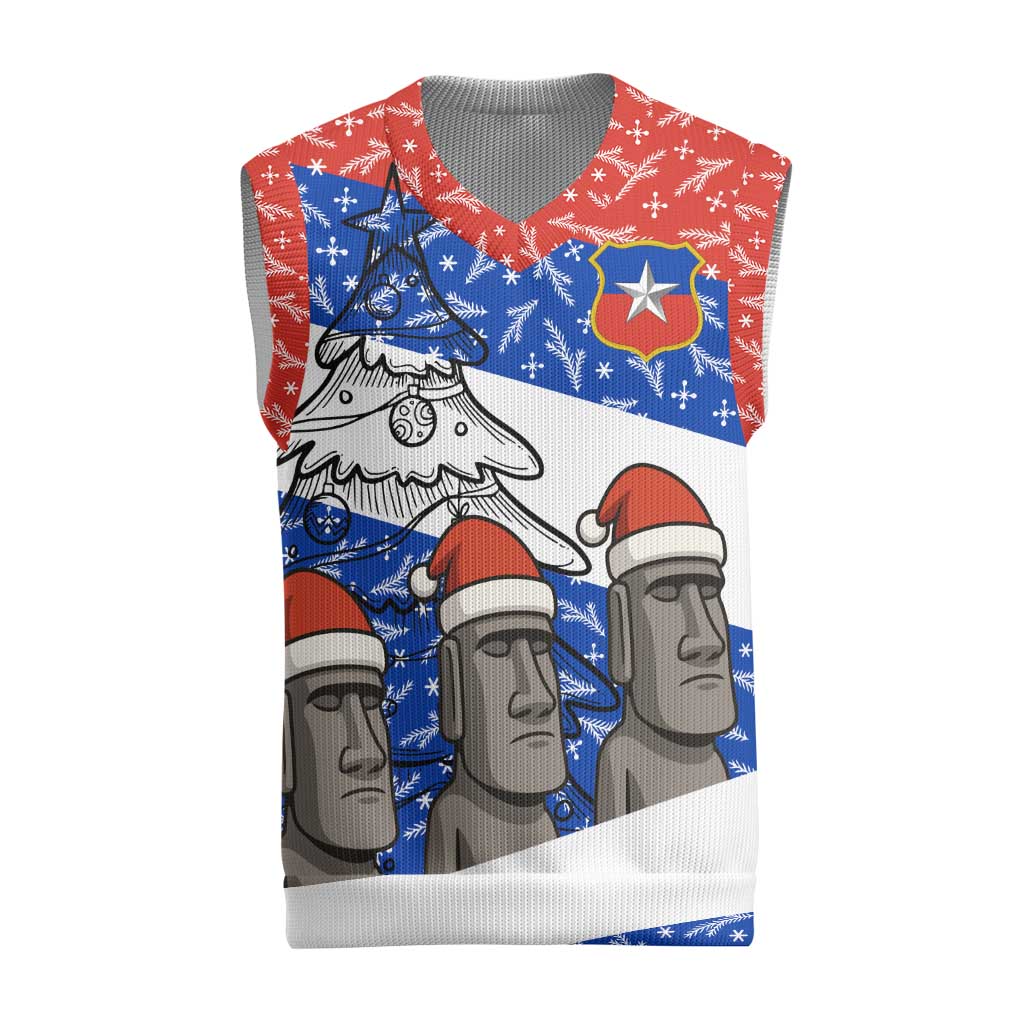 Chile Christmas Knitted V-Neck Vest with Moai Statues Santa Hats Snowflakes and Flag Colors Design - Wonder Print Shop