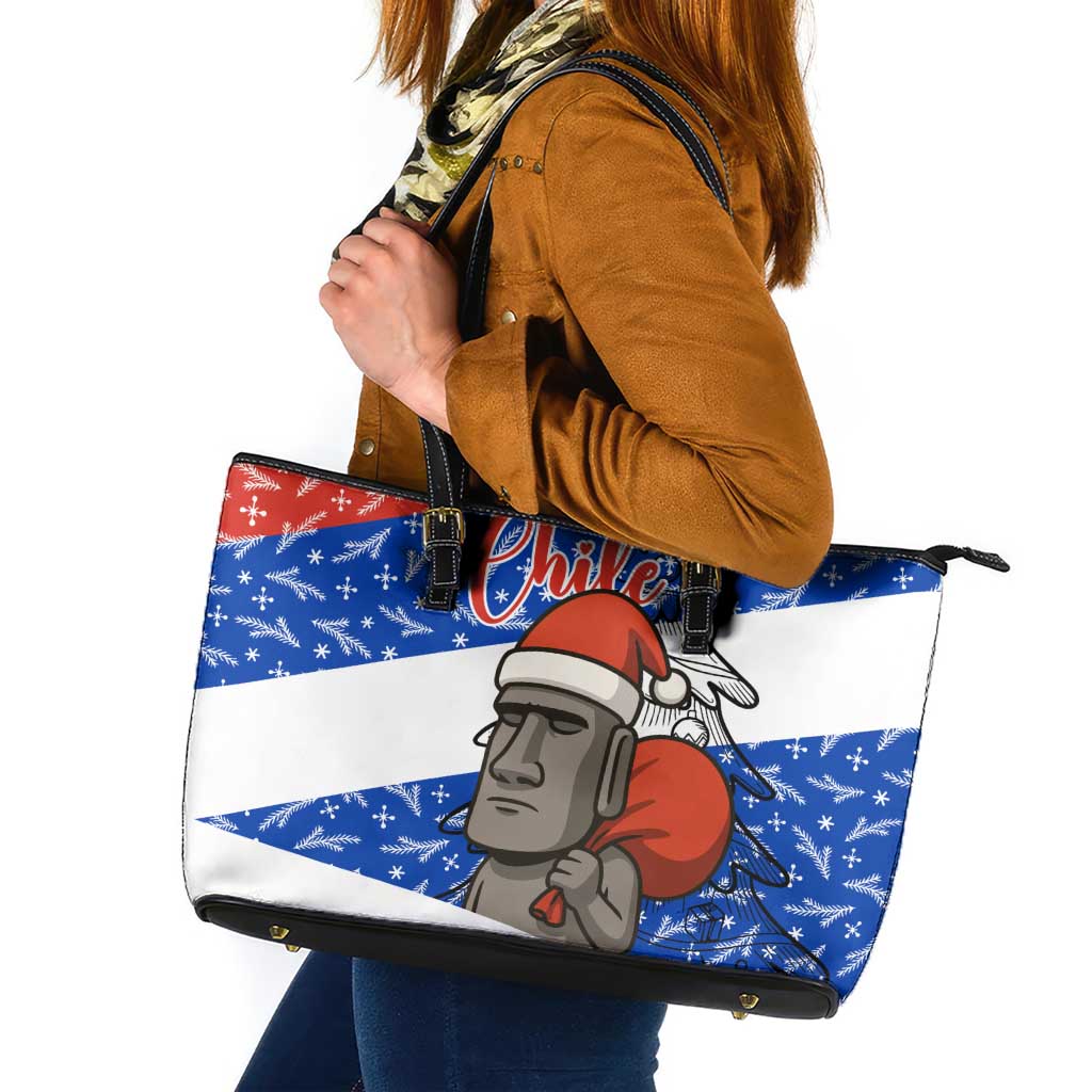 Chile Christmas Leather Tote Bag with Moai Statues Santa Hats Snowflakes and Flag Colors Design - Wonder Print Shop